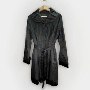 CC Couture Fitted Ruffle Collar Wrap Belted Satin Velvet Black Jacket Size Small